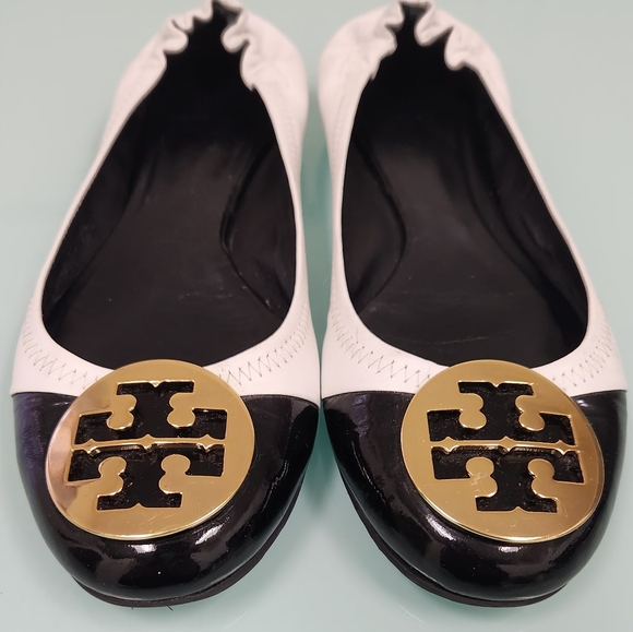 Tory Burch Shoes - Tory Burch Black and White Flats with Gold Logo GREAT CONDITIONS